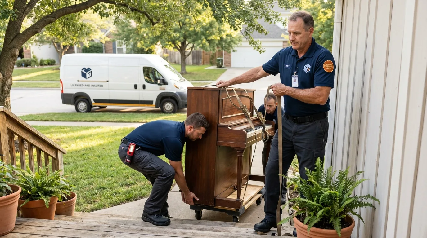 Licensed piano movers securing grand piano in Seneca, KS