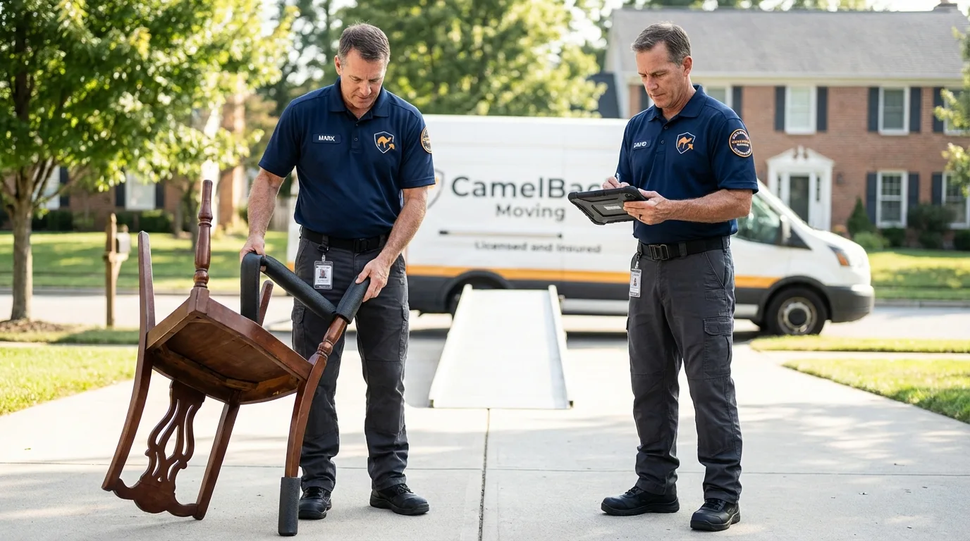 Movers inspecting furniture for damage prevention before loading in Seneca, KS