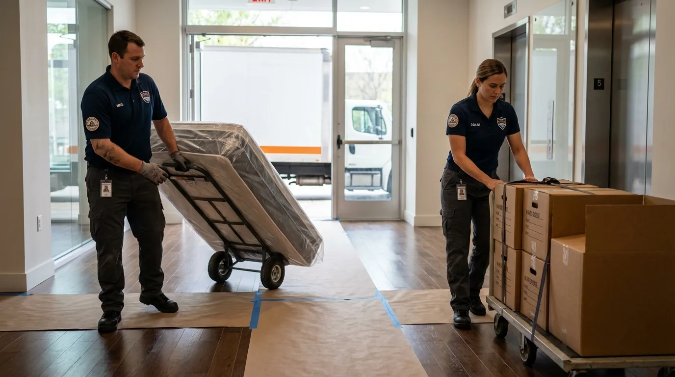 Professional apartment movers loading elevator in Seneca, KS